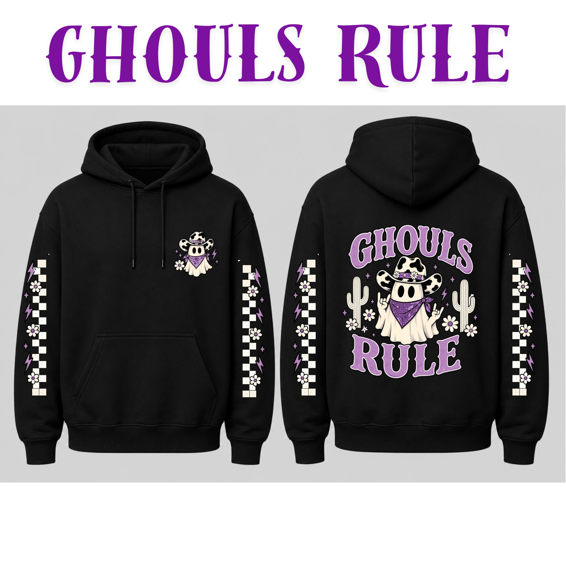 Ghouls Rule black hoodie front and back mockup