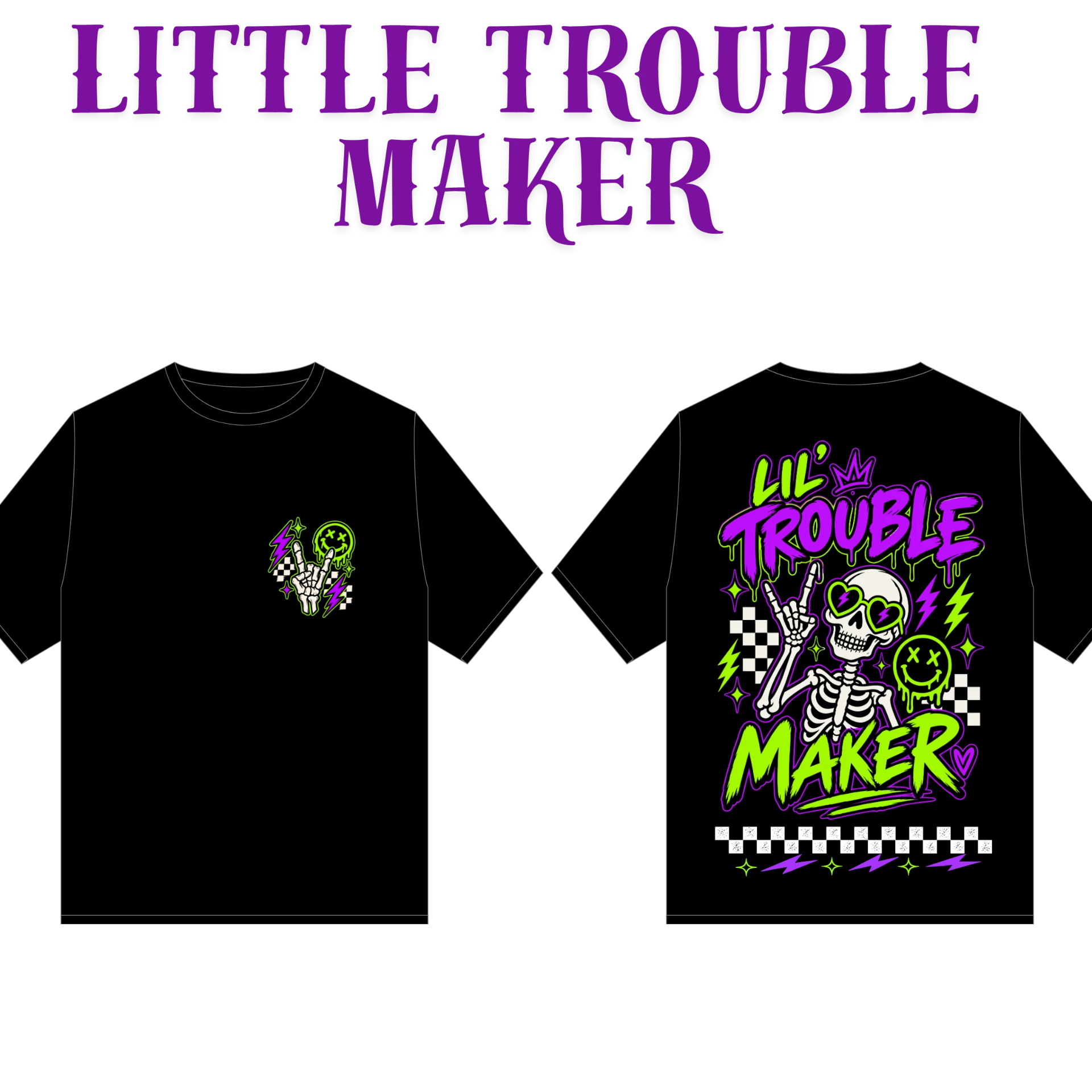 Little Trouble Maker black t-shirt front and back mockup