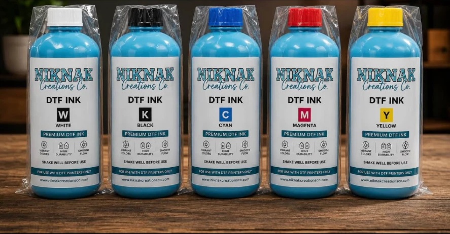 NikNak DTF ink bottles in all five colors
