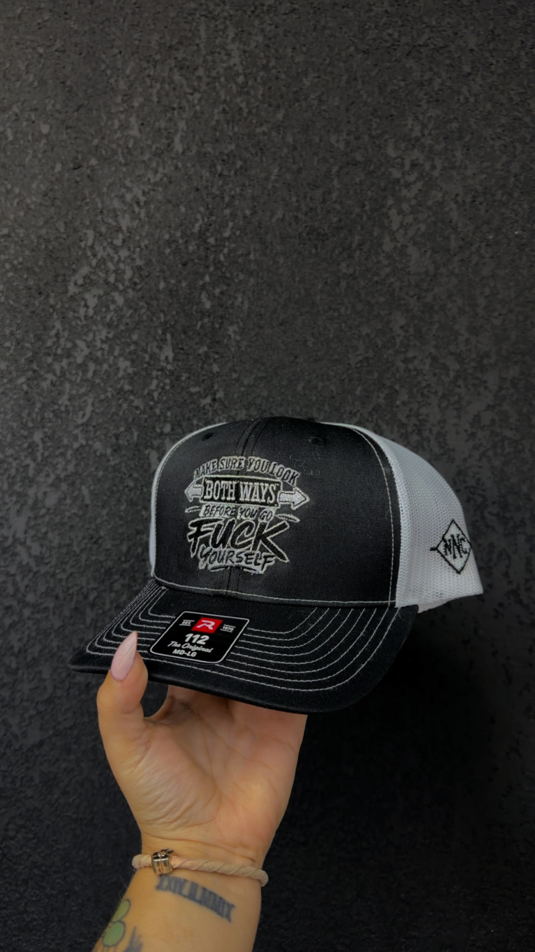 Look Both Ways embroidered mens trucker hat