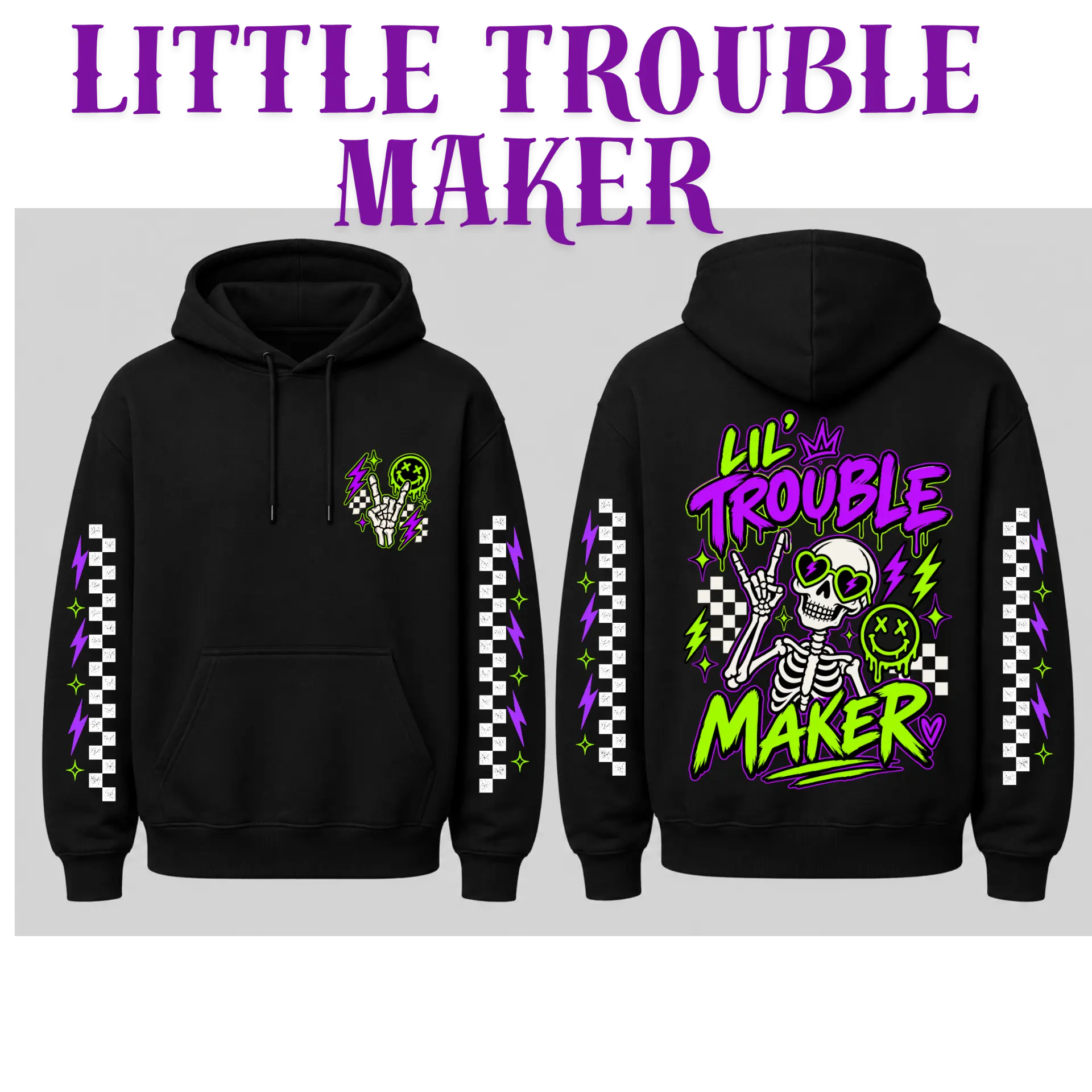 Little Trouble Maker black hoodie front and back mockup